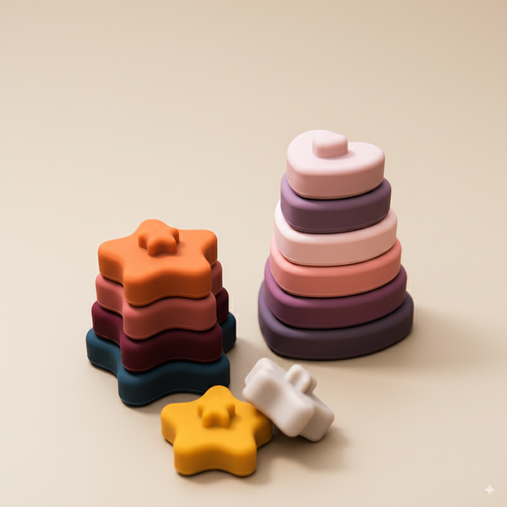 Tour de construction empilage Etoile, Coeur ou Rond en silicone Montessori